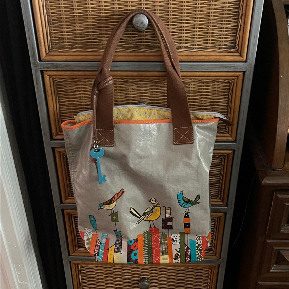 Fossil Multi-Color Bird Print Tote with Brown Handles